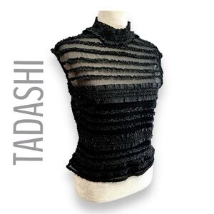 TADASHI Neiman Marcus Sheer Black Mini Ruffle Black Sparkle Cap Sleeve Top 8